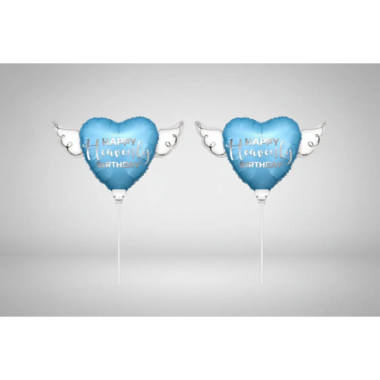 Happy Heavenly Birthday Memorial Balloon on a Stick 8" – Blue, Silver Script | 2-Pack