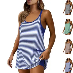 JovenPara Women's Athletic Sleeveless Striped Mini Dress with Built-in Shorts Summer V Neck Spaghetti Strap Short Spring Tennis Dress with Pockets
