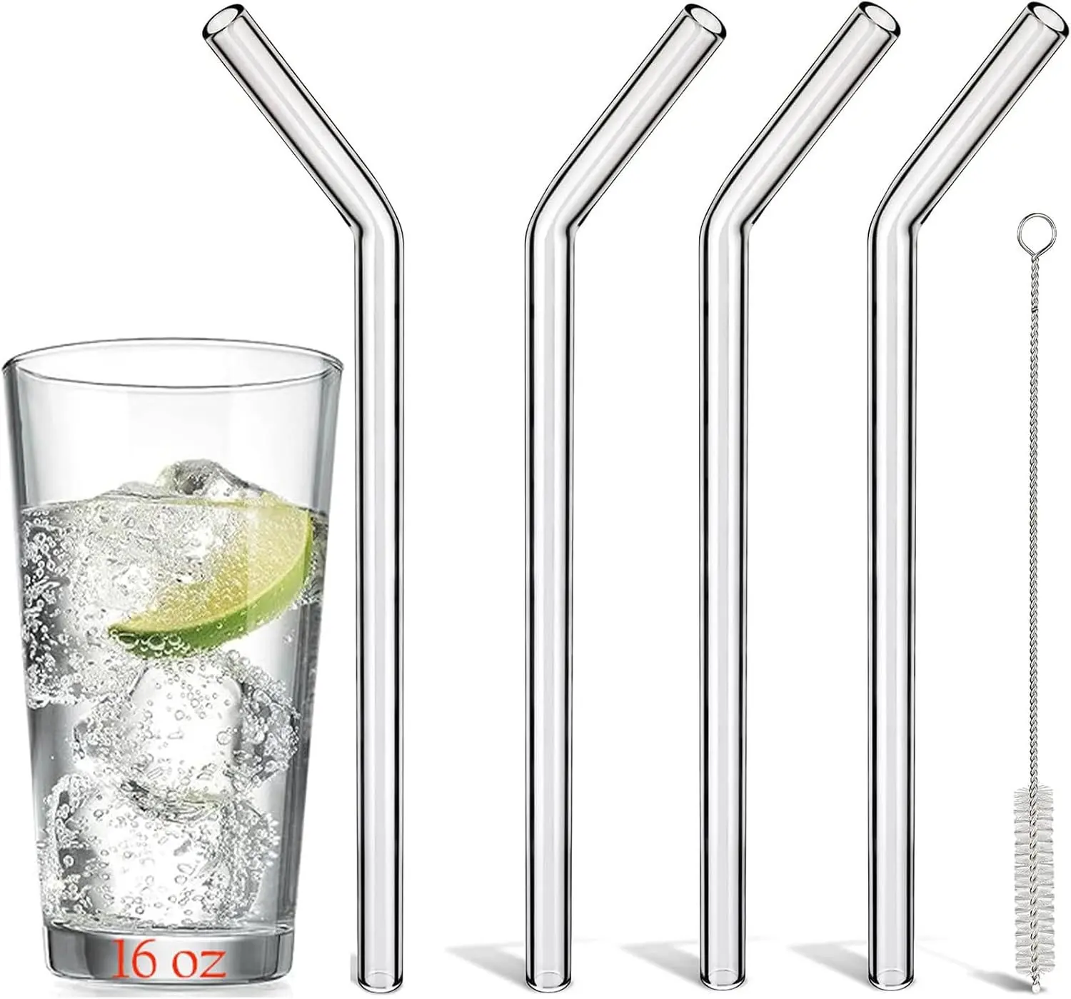 Reusable Glass Straws Shatter Resistant Bent 9 inch 8mm, Clear Glass Drinking Straws for16 oz Cups, Eco-Friendly, BPA Free, Durable and Thick Perfect for Hot & Cold Drinks