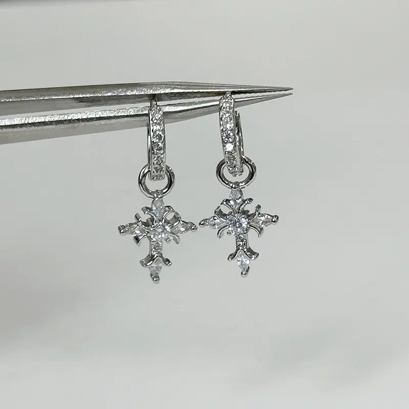 Full diamond cross pendant earrings, niche design iris flower hoop earrings DDES0655, exquisite and versatile unique ear clasp, 14K gold-plated