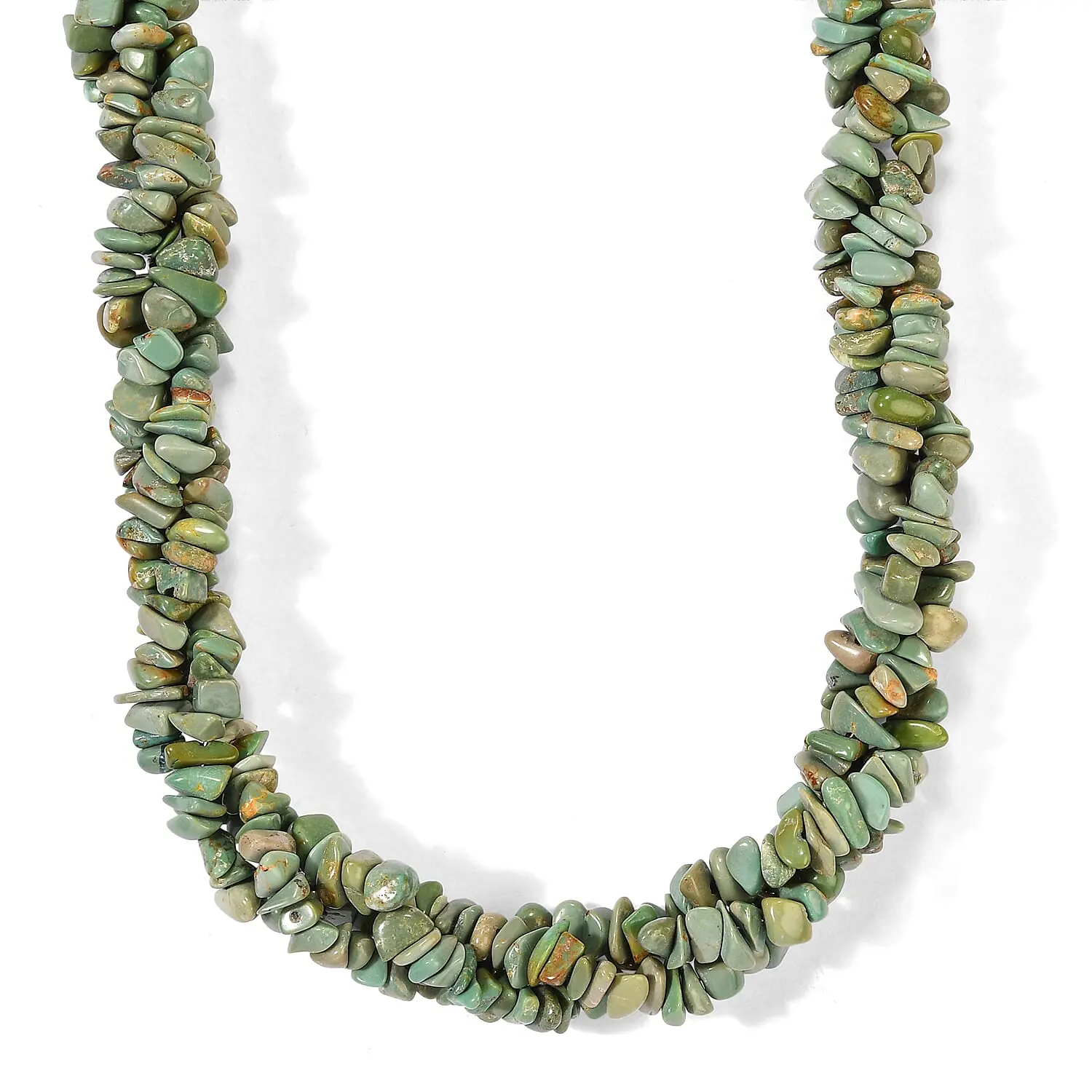 D''Joy Green Turquoise 355.00 ctw Chips 3 Row Twisted Necklace (22 Inches) in Rhodium Over Sterling Silver