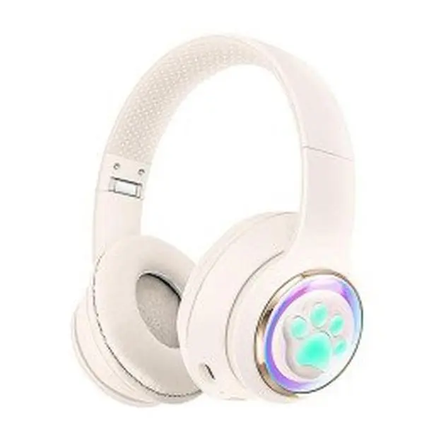 Kik_Cute Cat Paw LED Light Bluetooth Headphones - Over-Ear Gaming Headset for PC, Phone & Tablet AKZ61 for Universal Cell Phone And Bluetooth Device (White)