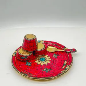 Colorful Idol Plates with Intricate Red Mosaic Design and Gold Accents for Festive Decor