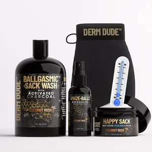 Derm Dude Mega Sack Starter Bundle Ballgasmic Wash Happy Sack Cooling Cream Amaze Balls Deodorant Spray Men's Antibacterial Care Set with Activated Charcoal Aloe Vera Tea Tree Oil