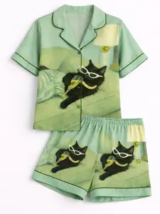Women’s Black Cat Satin Pajama Set – Cute Mint Long & Short Sleepwear
