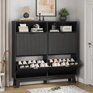 Shoe Cabinet Storage for Entryway with 4 Flip Drawers, Fluted Narrow Shoe Organizer with Wooden Legs & Top Cubby, Freestanding Slim Shoe Storage Hidden Shoe Rack for Front Door Entrance