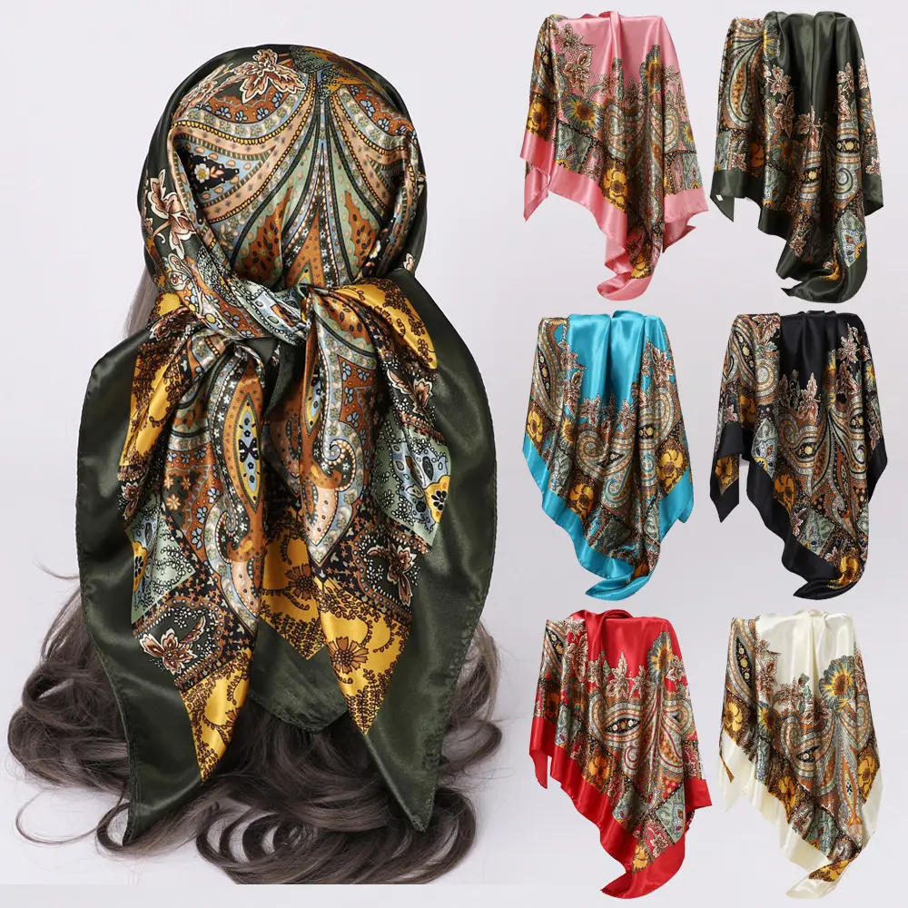 FEITAI Women Head Scarf for  Vintage Printed Satin Hair Scarf Silk Wrap Neck Square Scarves