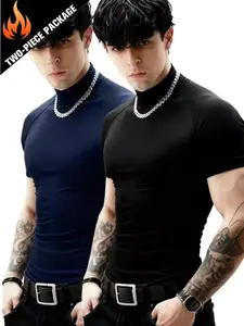 Men's Fitness Short Sleeve Muscle Sports Tight Fit Elastic T-Shirt, Gym Workout Shirt, Plain High Neck Quick Dry Top, Casual Long Fitted Tee, 2 Pack, Compression Workout Shirts