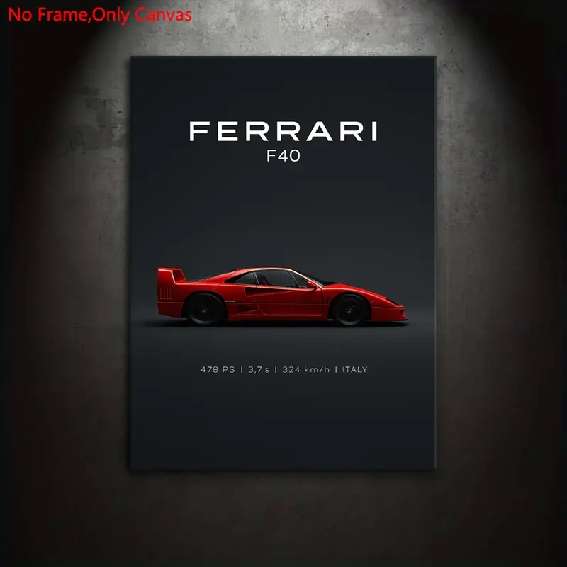 1 piece/set frameless canvas painting print poster, Unframed Art Print, Vintage Prints, retro minimalist vehicle art, classic sports car Ferrari F40, gift for vintage supercar enthusiasts, gift for bedroom,living room,mural,wall decoration,room decor