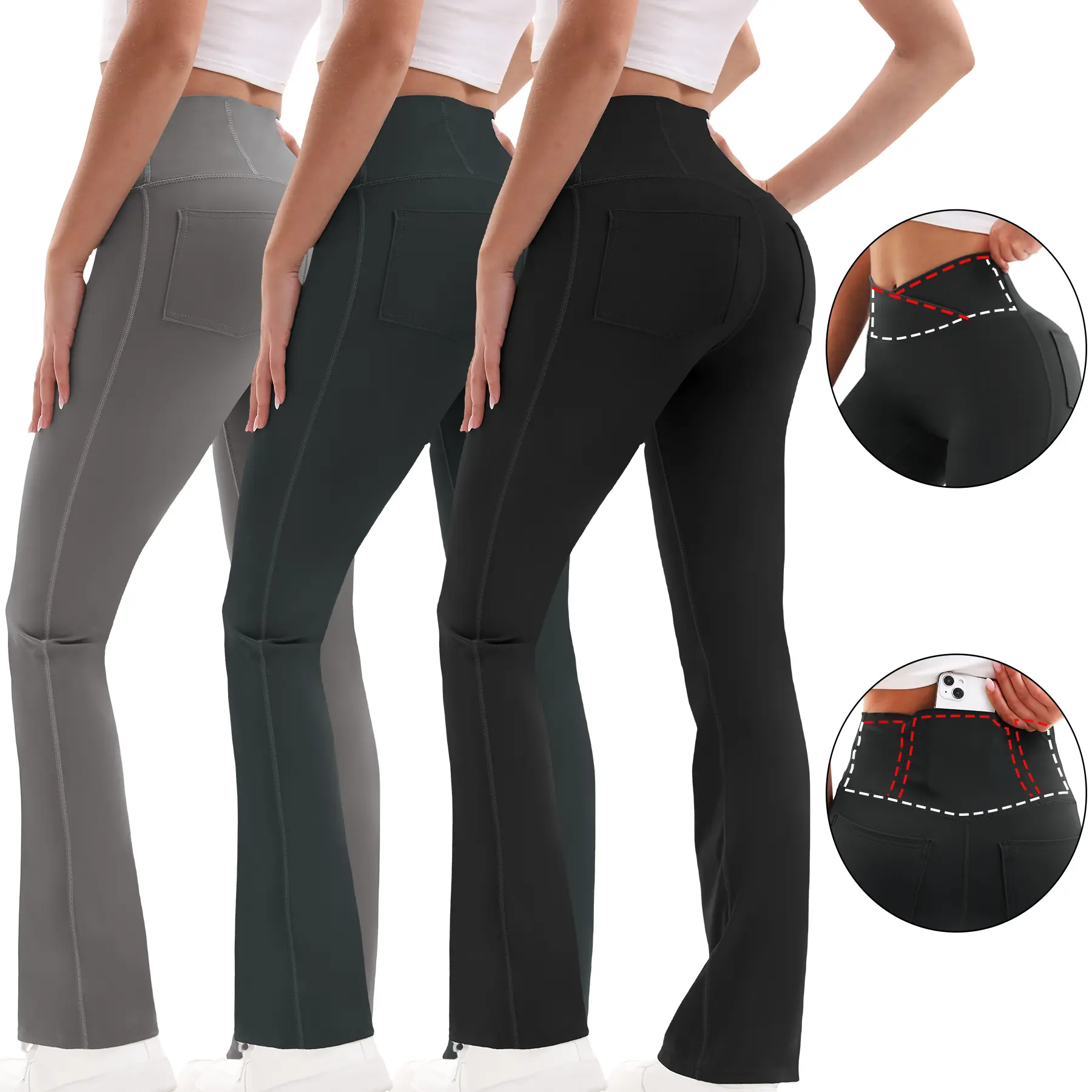 3PCS Women's Cross Waist Flared Leggings with Pockets Women's Flared Sweatpants Fitness Leggings Butt Lifting Fitness Yoga Leggings Track Pants Grey Sweatpants Women Streetwear Exercise Pants Activewear Outdoor   Dance Leggings