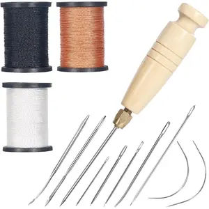 3-Spool Nylon Thread Sewing Kit, 80 Yards Each, Heavy Duty  (5 Straight, 2 Curved), Sewing Awl, Ideal for Upholstery, Leather, Shoes & DIY Crafts