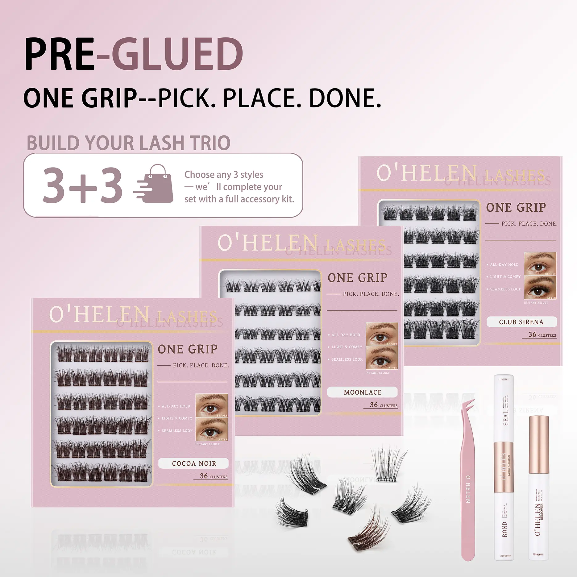 Build Your Custom Lash Kit, O‘Helen 1-Grip Pre-Bonded Lash Clusters 3-Box Bundle, Mix & Match 6 Unique Lash Silhouettes, Complete Premium Application Tool Included