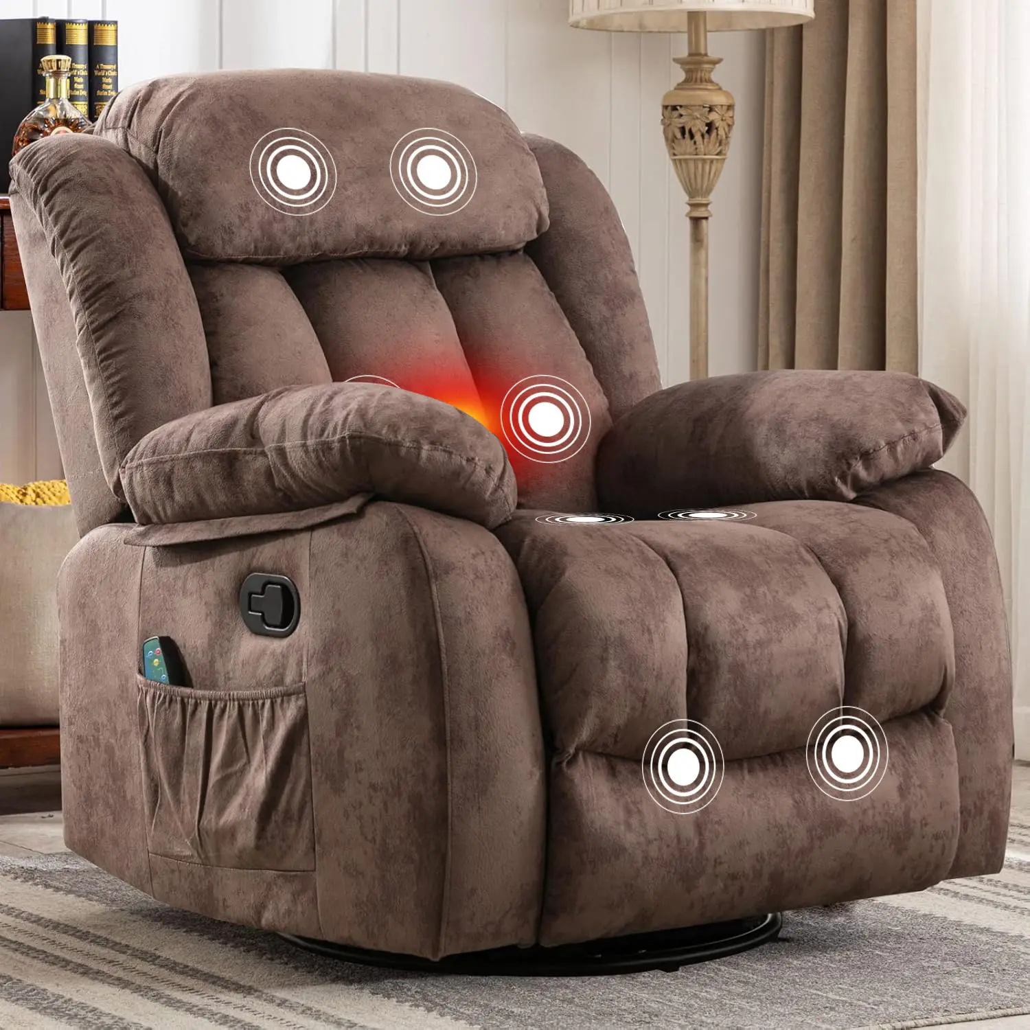 Ebello 35" Wide Modern Portable Heated Massage Recliner Chair - Small Spaces, Stress & Muscle Relief, Vibration Therapy, 360° Swivel, Manual Rocker, Grey Upholstered for Living Room Use, Portable Heated Chairs