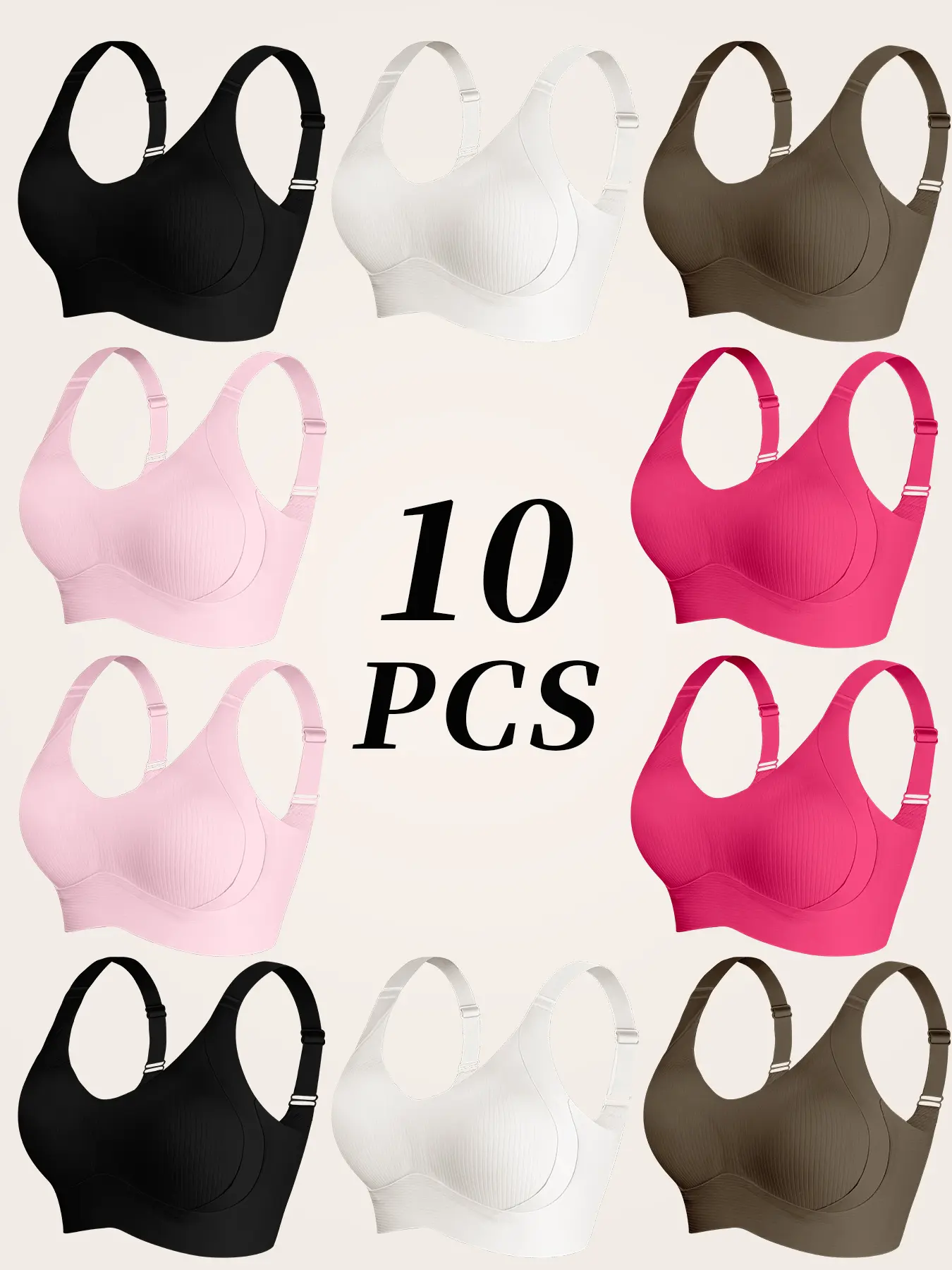 Women's solid color four row buckle adjustable wireless bra, curve soft, comfortable, breathable ribbed push up seamless bra, all season women's underwear, women's clothing, women's gifts, Mother's Day