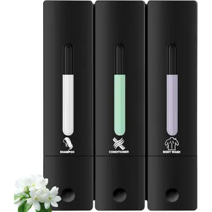 No Drill Wall Mounted 3 Chamber Shampoo and Conditioner Dispenser, Refillable 3-piece Body Wash Soap Dispenser Set, 1200ML Large Capacity, Black for Bathroom & Hotel