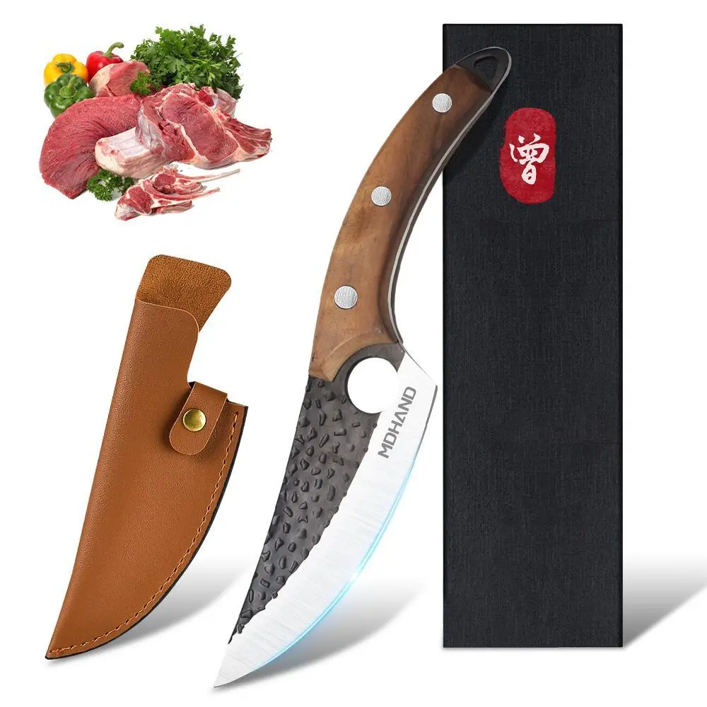 10.75-Inch Blade Stainless Steel Boning Knife - Ergonomic Handmade Wood Handle Kitchenware, 0.55lb/250g Portable Meat-Cutting Knives, Ideal for Gifting, Hammered