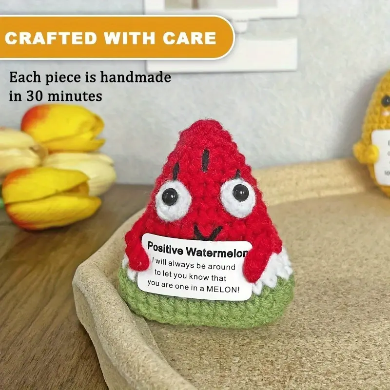 Handmade Crocheted Watermelon Amigurumi Plush Toy - Fruit-Themed Fabric with Uplifting Messages, Emotional Support Gift for Women, Unique 14+ Age Birthday Present, 1-Piece Pack Home Decor Doll Ornament