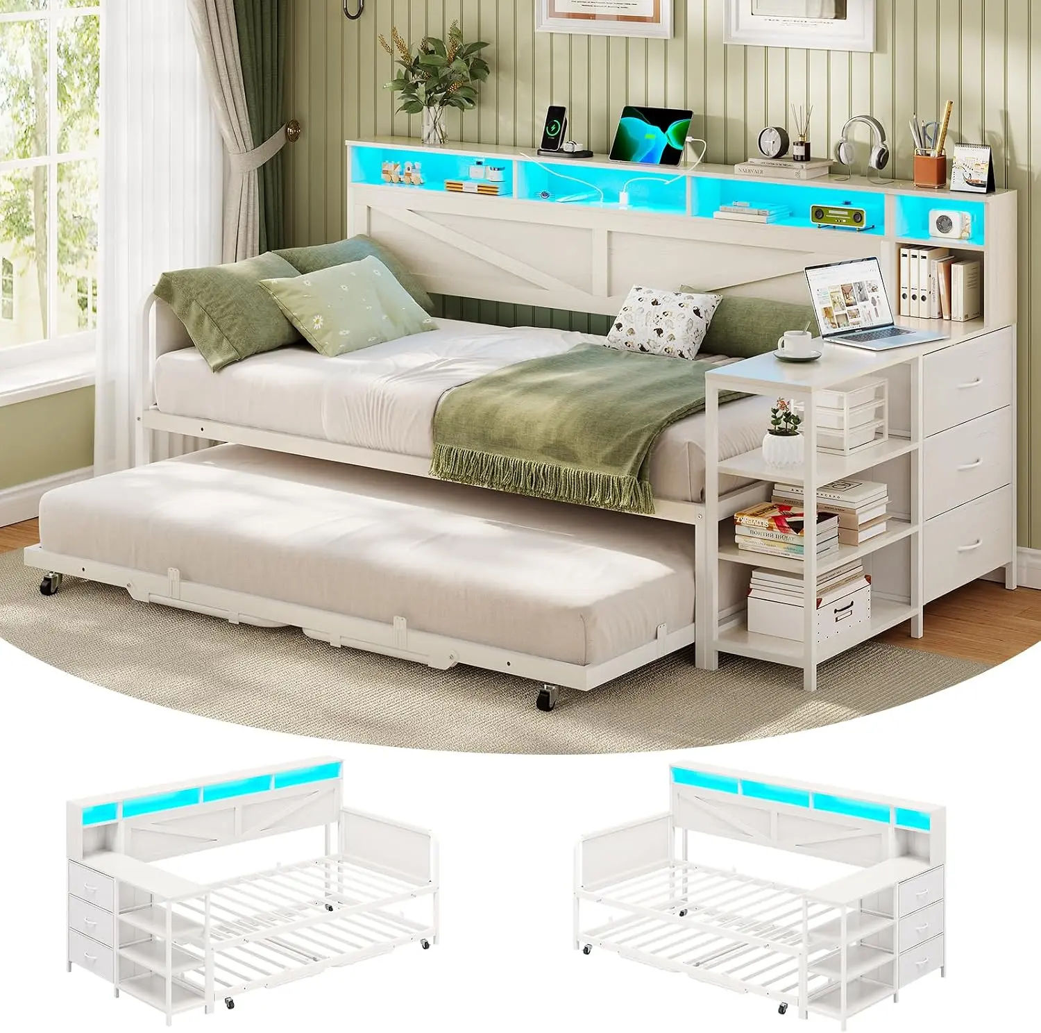 Daybed Twin with Pop Up Trundle, Farmhouse Wooden Day Bed Frame with 3 Storage Drawers and Shelves, Twin to King Daybed with Charging Station and LED Lights for Bedroom, Guest Room, White