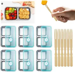 Grab and Go Snack Containers Stainless Steel , 6 count Stainless Steel Double Compartment Lunch Box, Metal  Storage Containers , Travel With 100 count Mini  Forks