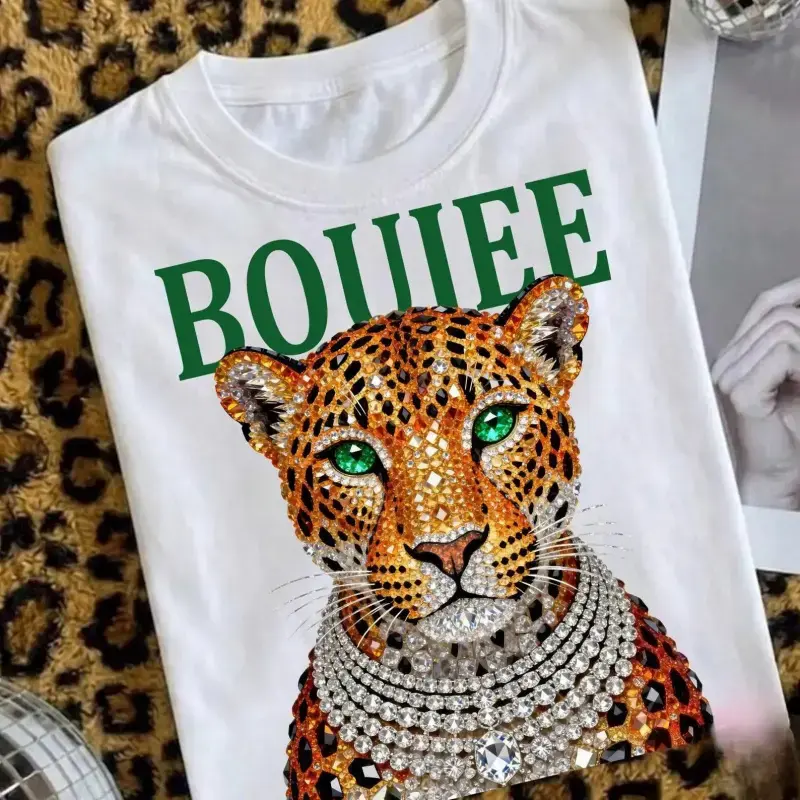 comfy Vintage Leopard Print Shirt, Glam Fashion Graphic Tee, Trendy Animal Print T-Shirt,Boujee Diamond Bling Leopard Head Graphic T-Shirt, Womens White Luxury Aesthetic Short Sleeve, Rhinestone Effect Boujee Leopard Casual Tee, Glam Fashion Top