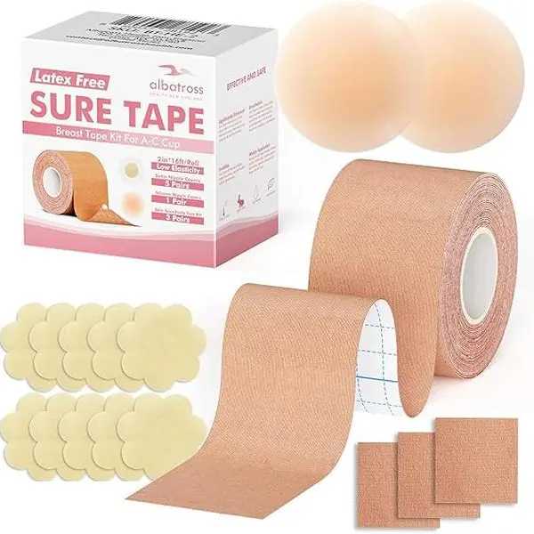 Women's Bra Accessories Albatross Health Sure Petals Breast Lift Tape & Nipple Cover Kit for A-C Cup, Includes 2" Tape Roll, Silky Satin Petals, Smooth Silicone Covers, Skin Test & Clothes Compatibility, Seamless