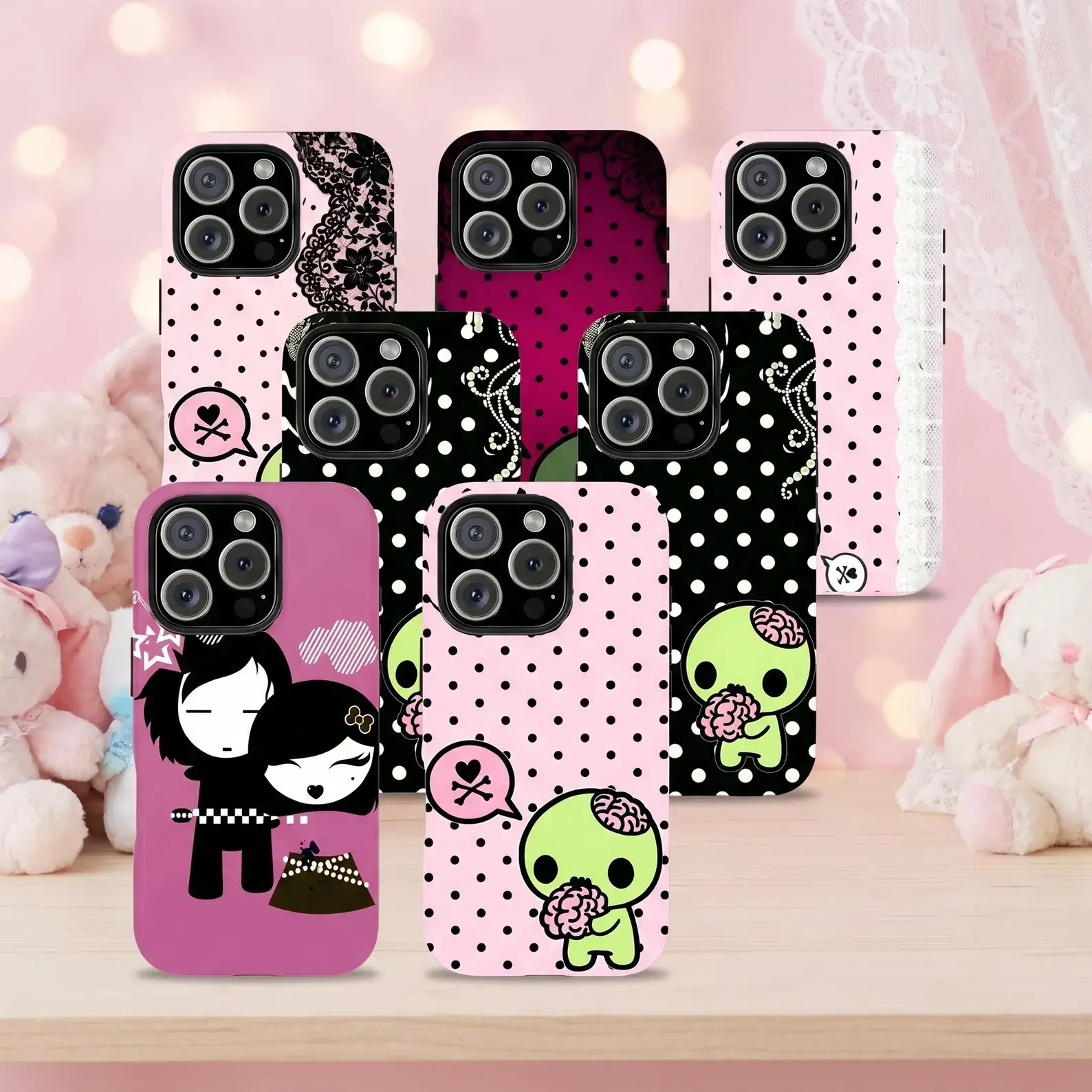 Y2K Kawaii Emo Zombie Pink Black Polka Dots Tough Phone Case For Iphone 11-17