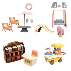 Miniature Furniture Toy Set, Playground Set, 1 Box Simulated Ice Cream Shop & Bookstore & Swing & Slide Toy, Pretend Play Toy for Kids