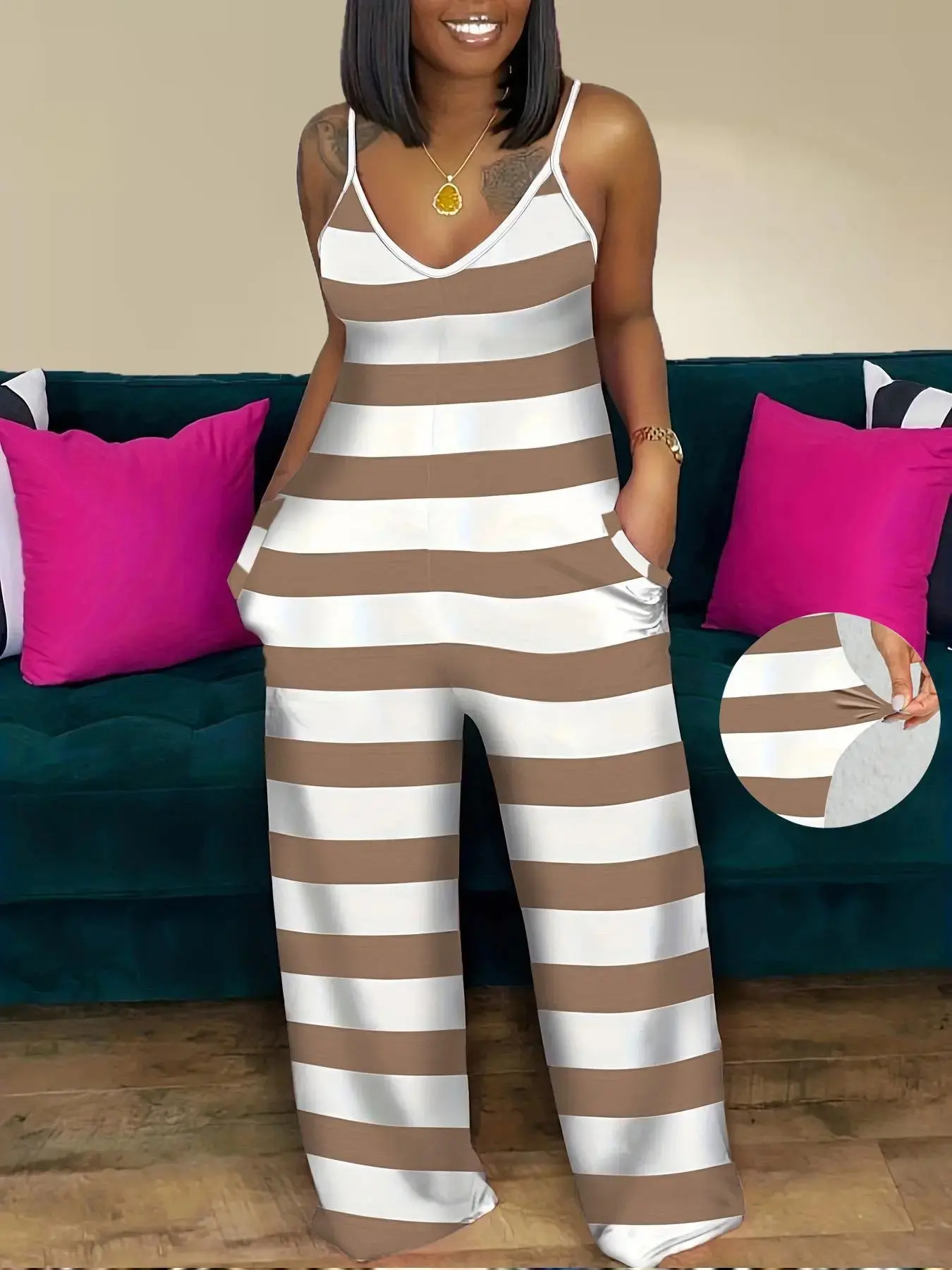 Women's Striped Print Cami Spaghetti Strap Jumpsuit, Stretch Knitting Jumpsuit, Casual Chic Sleeveless Wide Leg Overalls Jumpsuit for Summer, Fashion Women's Clothing for Daily Wear, Printed Striped Jumpsuit