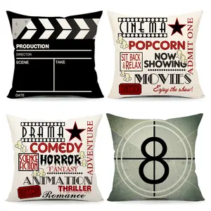 Movie Theater Decor,Home Theater Movie Pillow Covers Set of 4 18x18 Inch, Vintage Movie Room Accessories, Basement Decorations, Retro Cinema Throw Pillows for Couch