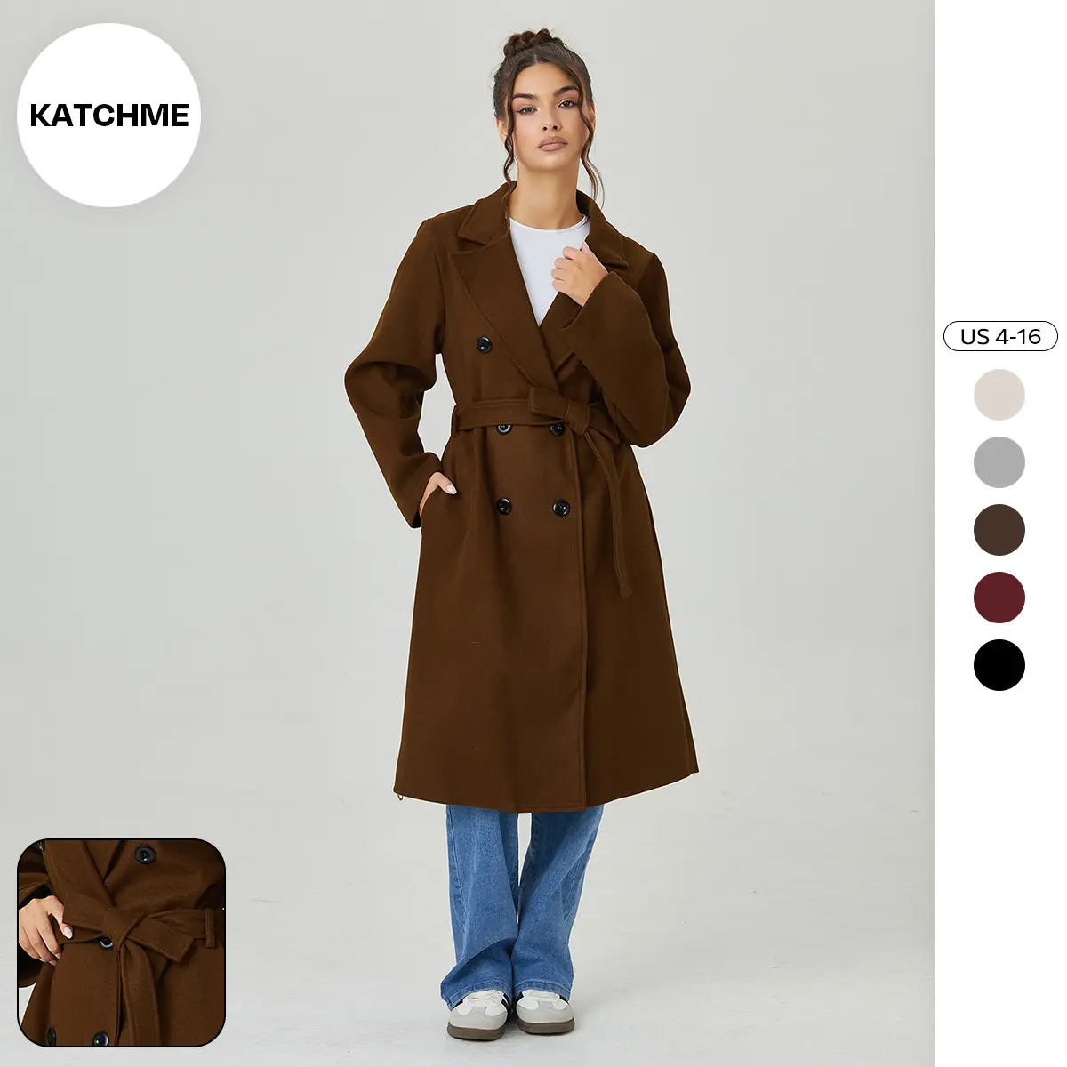 KatchMe Women's Classy Solid Color Double Breasted Detachable Belted Pocket Pea Coat, Fall & Winter Casual Long Sleeve Outerwear with Lined(US)