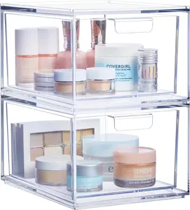 STORi Audrey Stackable Clear Bin Plastic Organizer Drawers | 2 Piece Set | Organize Cosmetics and Beauty Supplies on a Vanity | Made in USA Boxes Containers