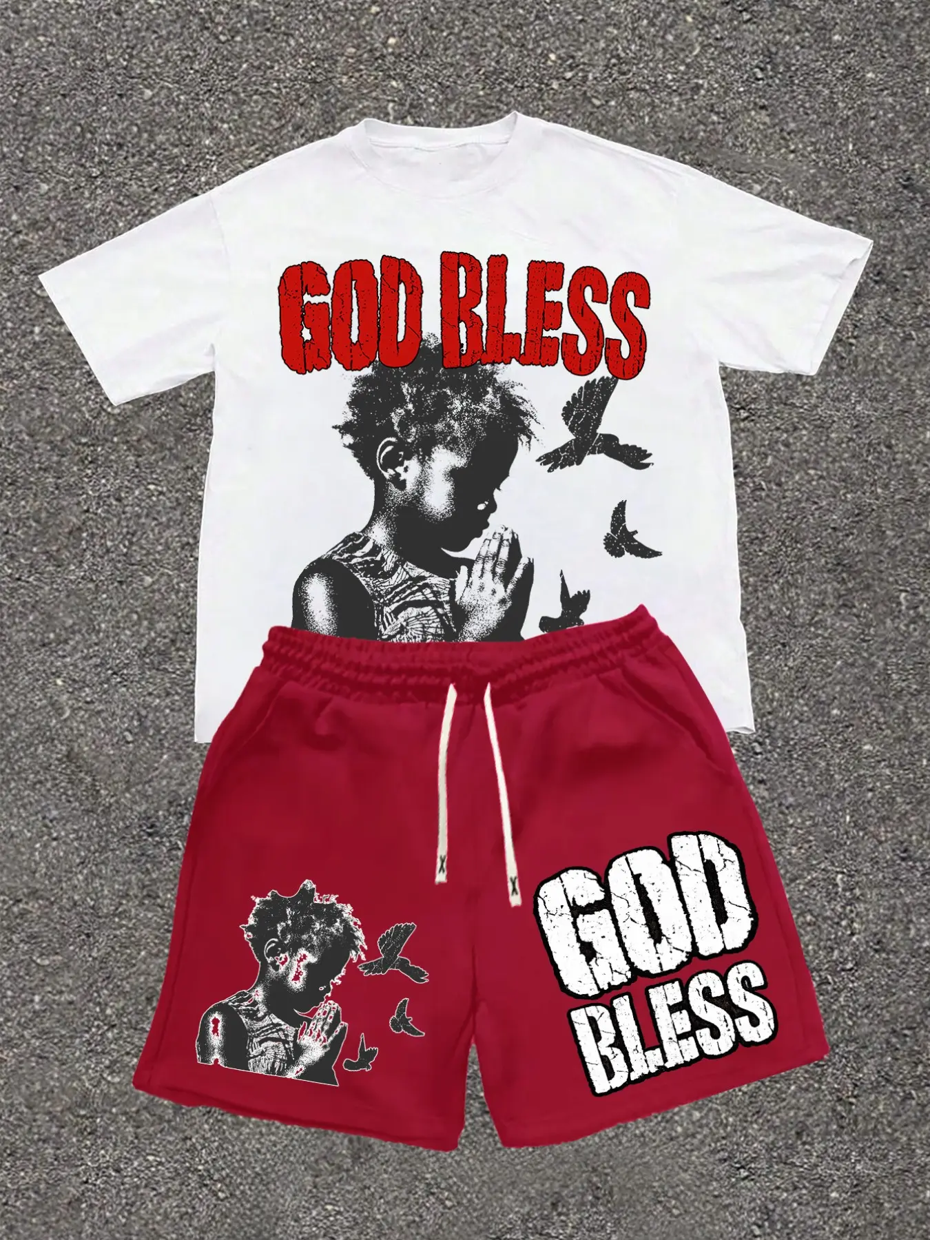 Men's casual streetwear two-piece set, featuring silk screen printed clothing with "God bless" and prayer children's patterns, loose T-shirt and drawstring shorts, ideal for holidays, streetwear, and summer, durable and bold prints for trendsetters