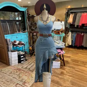 2026Summer Outfits - Western Sexy Sling Denim Dress, Casual and Comfortable One - sided Slant Hem Dress