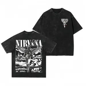 Vintage Nirvana Band Tour Retro Black Double Sided Graphic Tee, Oversized Washed Heavyweight Cotton Rock T-Shirt, Unisex Streetwear Top for Music Lovers