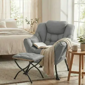 Arlopu Lazy Chair with Foldable Ottoman, Modern Comfy Lounge Chair, Large Sofa Armchair with Footrest and a Side Pocket, Leisure Reading Chair with Footstool for Bedroom, Living Room, Dorm Mother's Day Gift summervibes