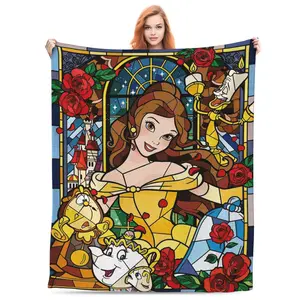 DISNEY CLASSIC Beauty and the Beast Stained Glass Print Throw Blanket - Featuring Belle, Lumiere, Cogsworth & Enchanted Rose, Soft Warm Fleece Blanket for Kids Adults