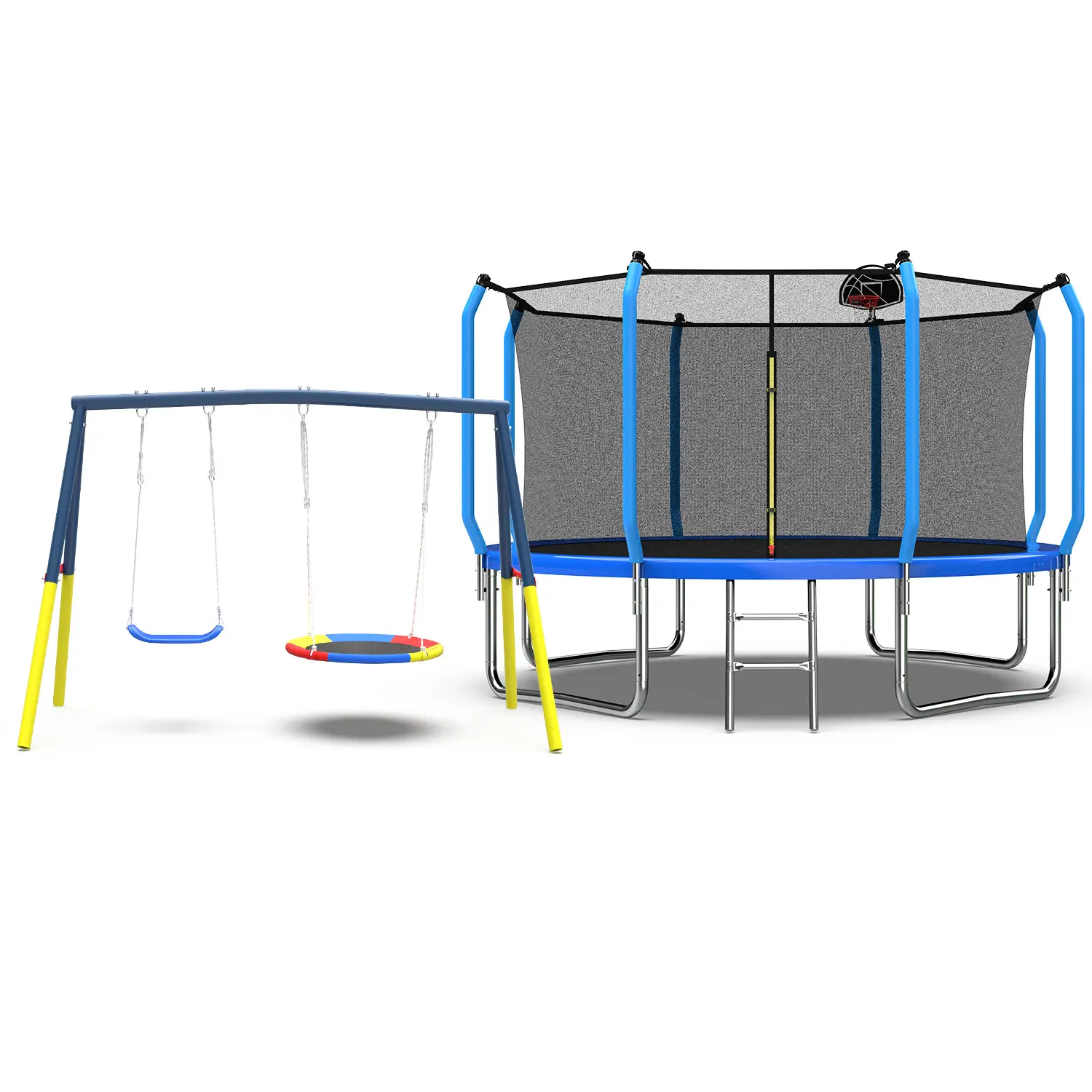 Mersco 12-Foot Recreational Trampoline with Enclosure Net, Swing Set, Basketball Hoop, 1320 LBS Load-Bearing Sturdy Frame, Blue, Kids Outdoor Play Toy