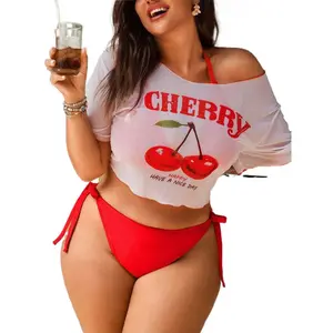 Women's Plus Size 3-Piece Cherry Print Adjustable Swimwear Set - Red Tie-Side Bikini with Sheer Crop Cover Up, Stretchy Fabric, UPF 50+ Sun Protection for Summer Beach Vacations