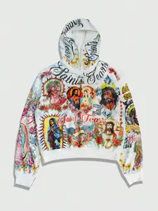 Saint Tears Religious Vintage Full Print Hoodie, American Streetwear Distressed Jesus & Mary Print Short Sweatshirt, Casual Fashion, Graphic Sweatshirts