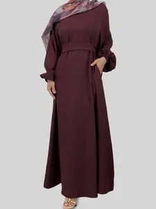 Muslim Women Islamic Abaya Maxi Dress, Ramadan Festival Attire, Tie-Back with Hidden Pockets, Comfortable and Stylish, Modest Dresses, Modest Fitted Plain Design, Traditional Abaya [Does not include hijab]
