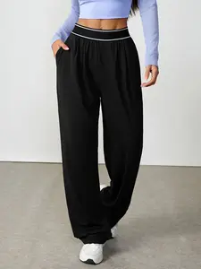 Women's Colorblock Elastic Waist Pants with Pockets, Loose Straight Leg Trousers for All Seasons, Outdoor Sports Running Hiking Campus Style, Casual Sporty Trousers