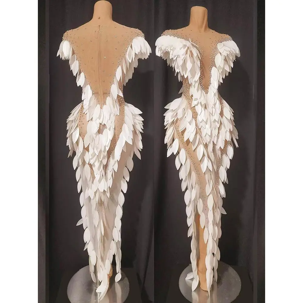 Women's Sexy Feather-Shape Split Dress - High-Quality Elastane Polyester Trailing Mesh, Rhinestone Accents, Pearl Detailing, Flattering Fit, Elegant Chic, for Modern Dance, Transparent Adult Fashion Accessory
