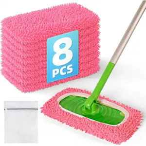 8 Pack Reusable Mop Pads Compatible with Swiffer Sweeper Mop, Wet and Dry Chenille Sweeping Cloths, Washable Pads Refill, Microfiber Pads for Multi-Surface/Hardwood Floor Cleaning (Pink)