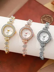 3 counts - Metallic Texture Fashion Quartz Watch Set, Elegant Women's Accessory Set Combination
