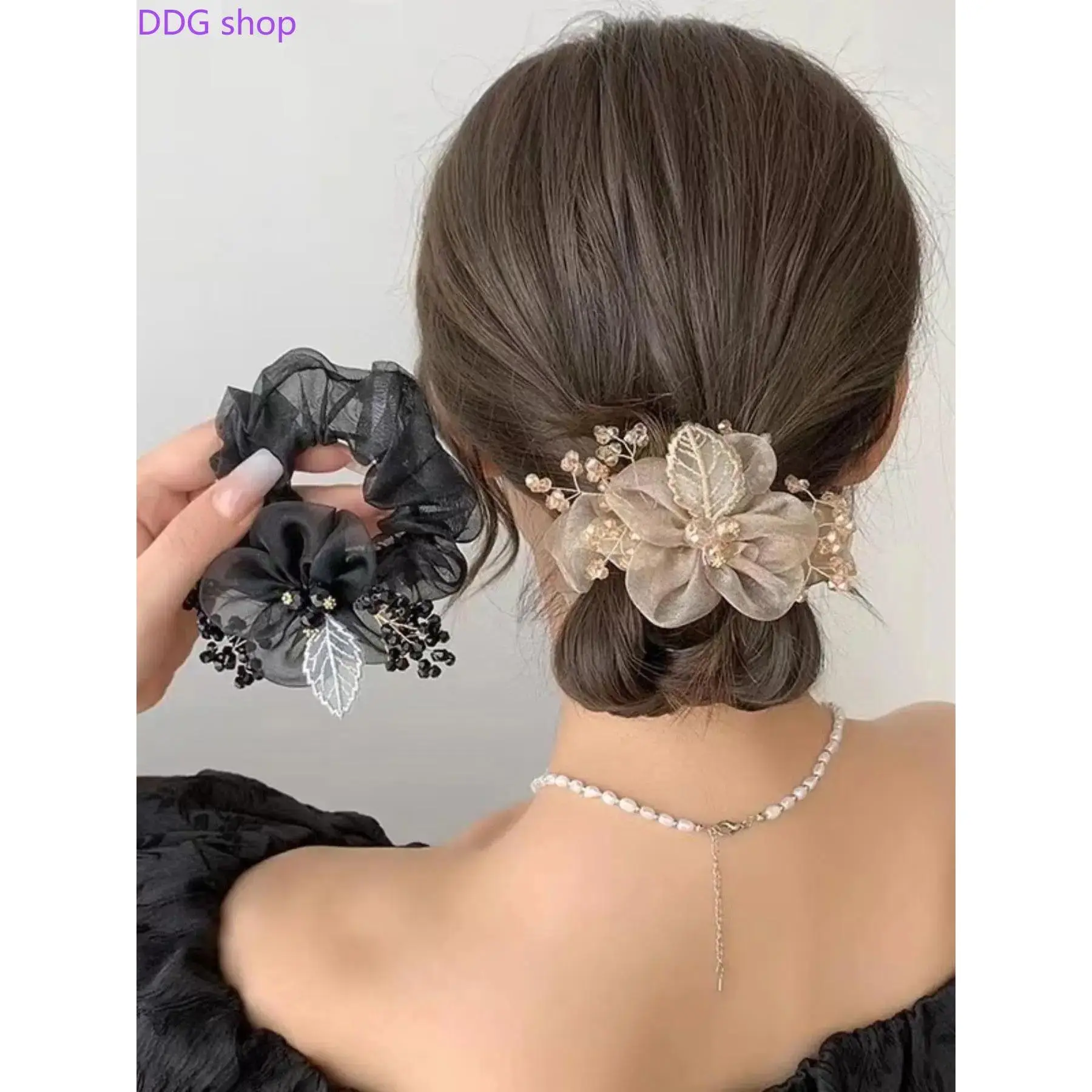 2026 2Pcs Vintage Mesh Flower Hair Scrunchies, Sheer Floral Hair Ties with Embroidery Leaf & Crystal, Elegant Hair Accessories for Women, Perfect for Thick Hair, Bun Hairstyles & Office Wear