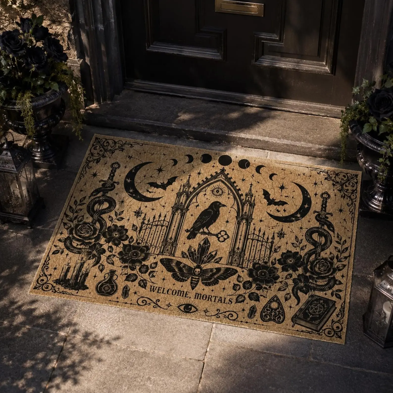 Gothic Witchy Doormat, Welcome Mortals Front Door Mat, Halloween Welcome Mat, Occult Moon Phase Entry Rug, Dark Home Decor Gift