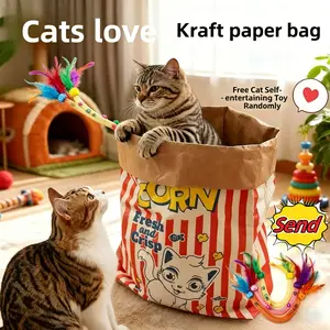 Free Cat Toy Free Large Kraft Paper Cat Hideout Double-Layer Crinkle Bag Hide & Seek Play Tunnel Cat Bed Puzzle Relaxation Litter Box Liners Best Cat Gift