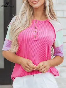 Women's Bright Pink T Shirts Color Block Patchwork Tops Henley Neck Tees Ribbed Knit Clothes Summer Beach Outfits Casual Work Apparel Short Sleeve Pullovers Vibrant Styling Suits
