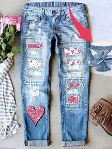 Women's Valentine's Day Distressed Mid-Waist Boyfriend Fit Washed Loose Denim Jeans Elastic Waistband Breathable Comfort Fabric All Seasons Wear, Heart Pattern