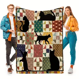 Cozy Vintage Cat Print Flannel Fleece Throw Blanket - Reversible, Soft